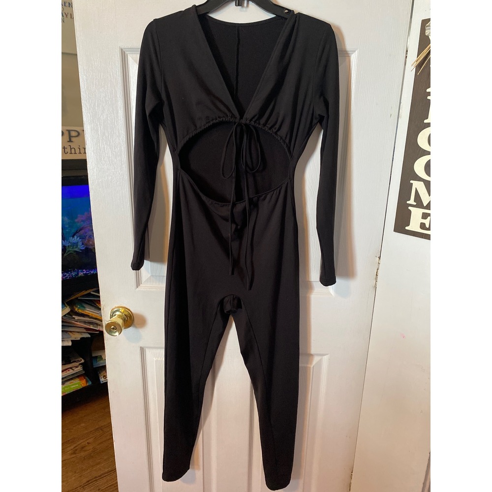 AZHONG Black Long Sleeve Cutout Front Tie V-Neck Jumpsuit Size Medium Bodycon